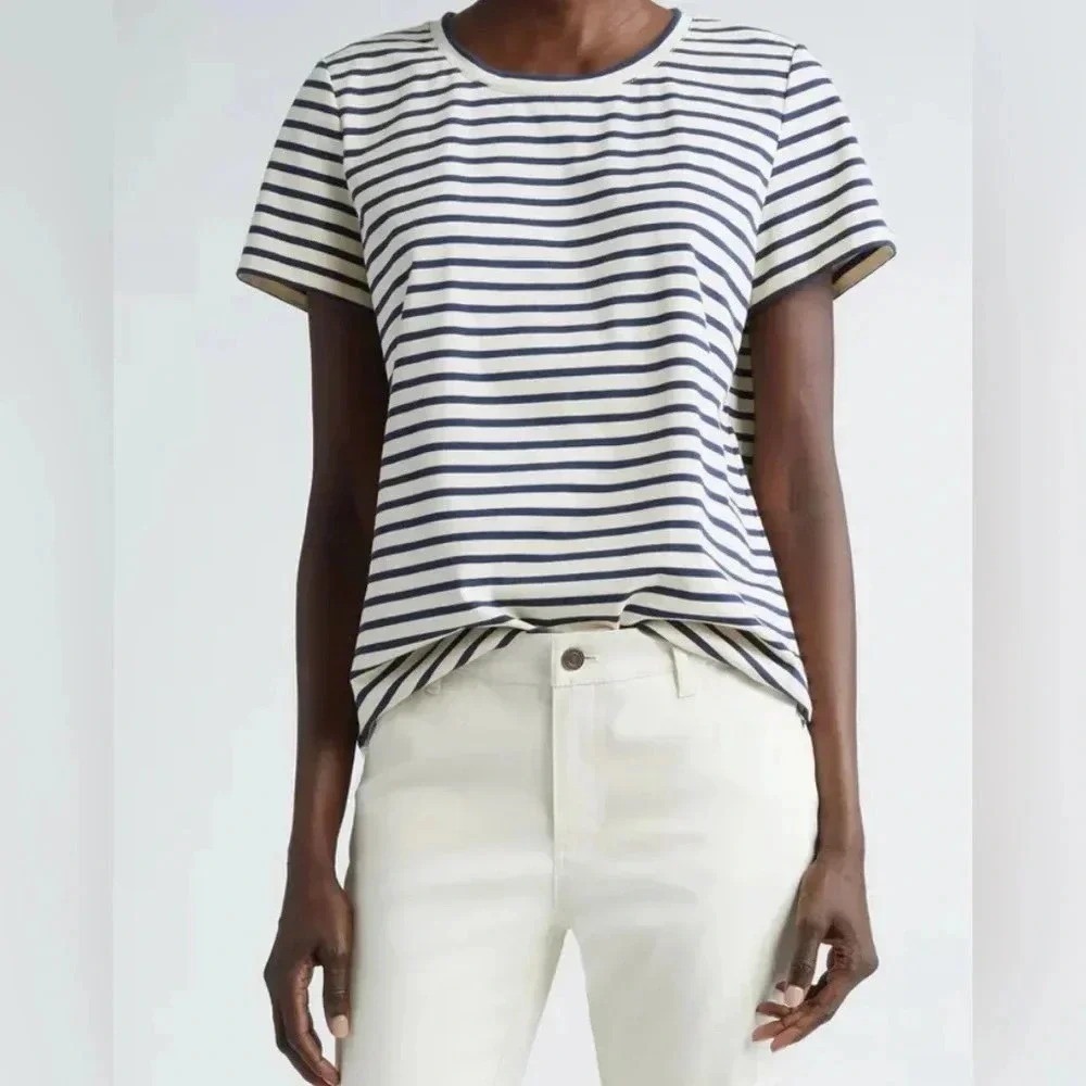 Lafayette 148 Scoop Neck BLACK/DARK GRAY Striped Modern Luxury T-shirt Small EUC